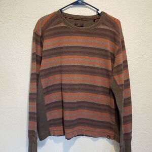 Prana Logo Breathe Cotton Hiking Outdoorsy Pullover Crewneck Brown Striped Med